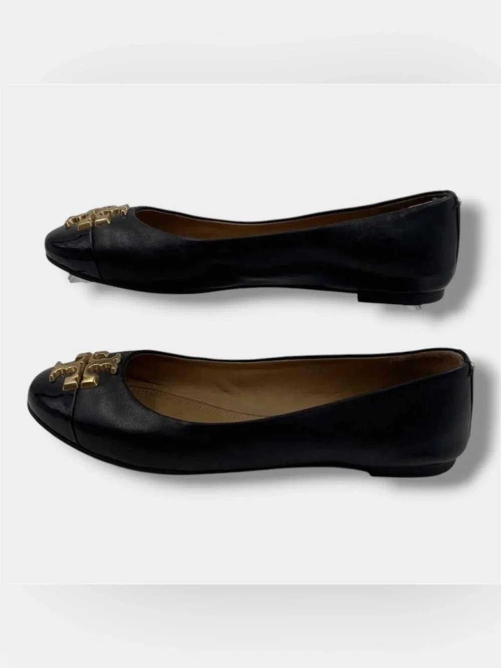 Tory Burch Everly Cap Toe Ballet Flats Leather Logo Bow Shoes Womens Size 5.5M